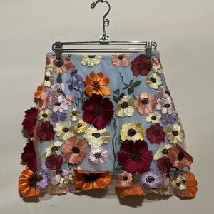 Finesse Light Blue Mini Skirt with Multicolor Floral Embroidery